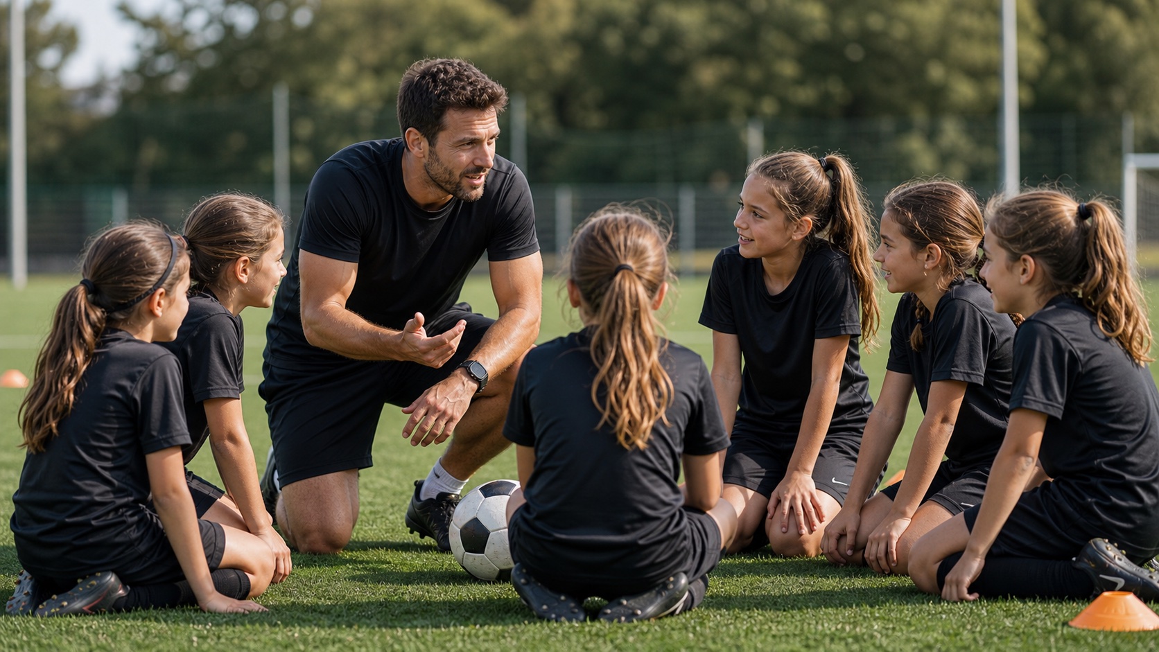 Trainer mit jungen Fussballerinnen in schwarzen Trikots